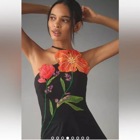 Anthropologie Yukiko Noritake Asymmetrical Floral Midi Dress Black Combo Orange - Picture 4 of 9